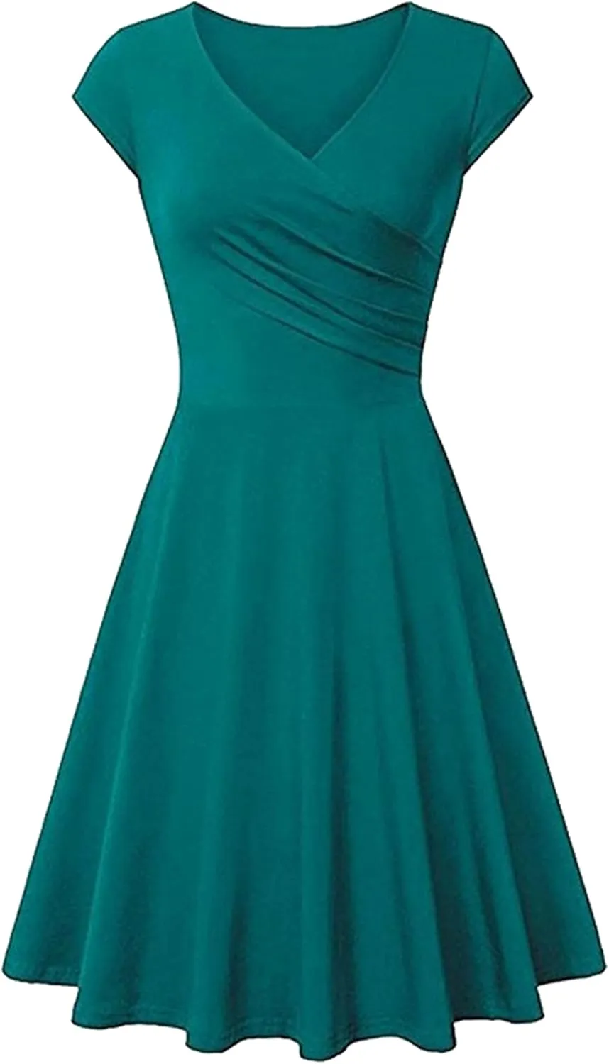 OMZIN Women's Elegant V-Neck Dress Short Sleeve Solid Color Runway Evening Dress