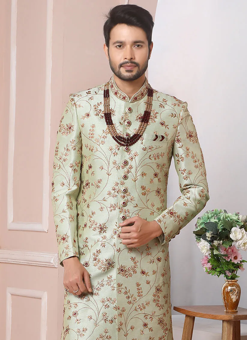 Pastel Green Banarasi Silk Embroidered Sherwani