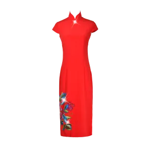 【PEONY】 100% Silk Crystal Cheongsam with Single Crystal Blossom(Cap Sleeve)(Crystal Button)