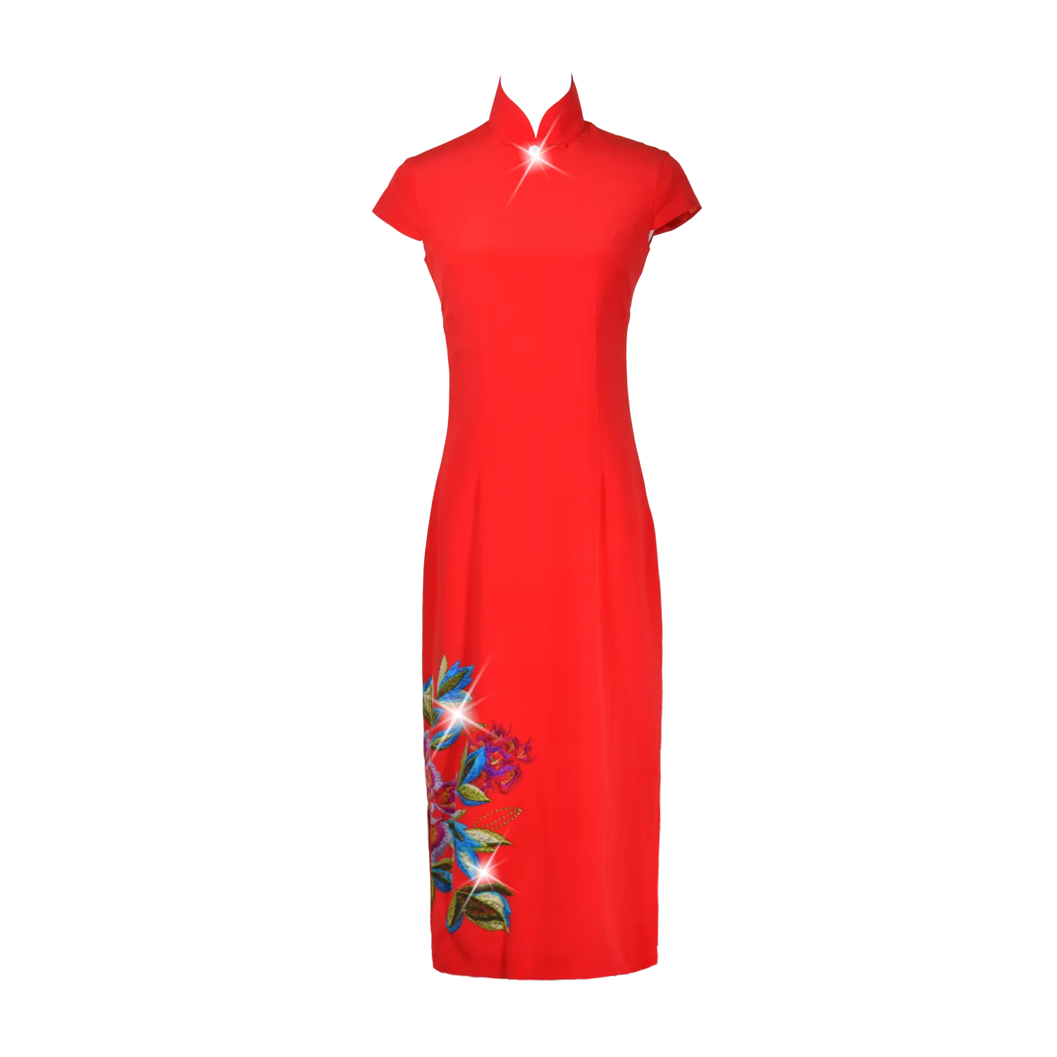 【PEONY】 100% Silk Crystal Cheongsam with Single Crystal Blossom(Cap Sleeve)(Crystal Button)