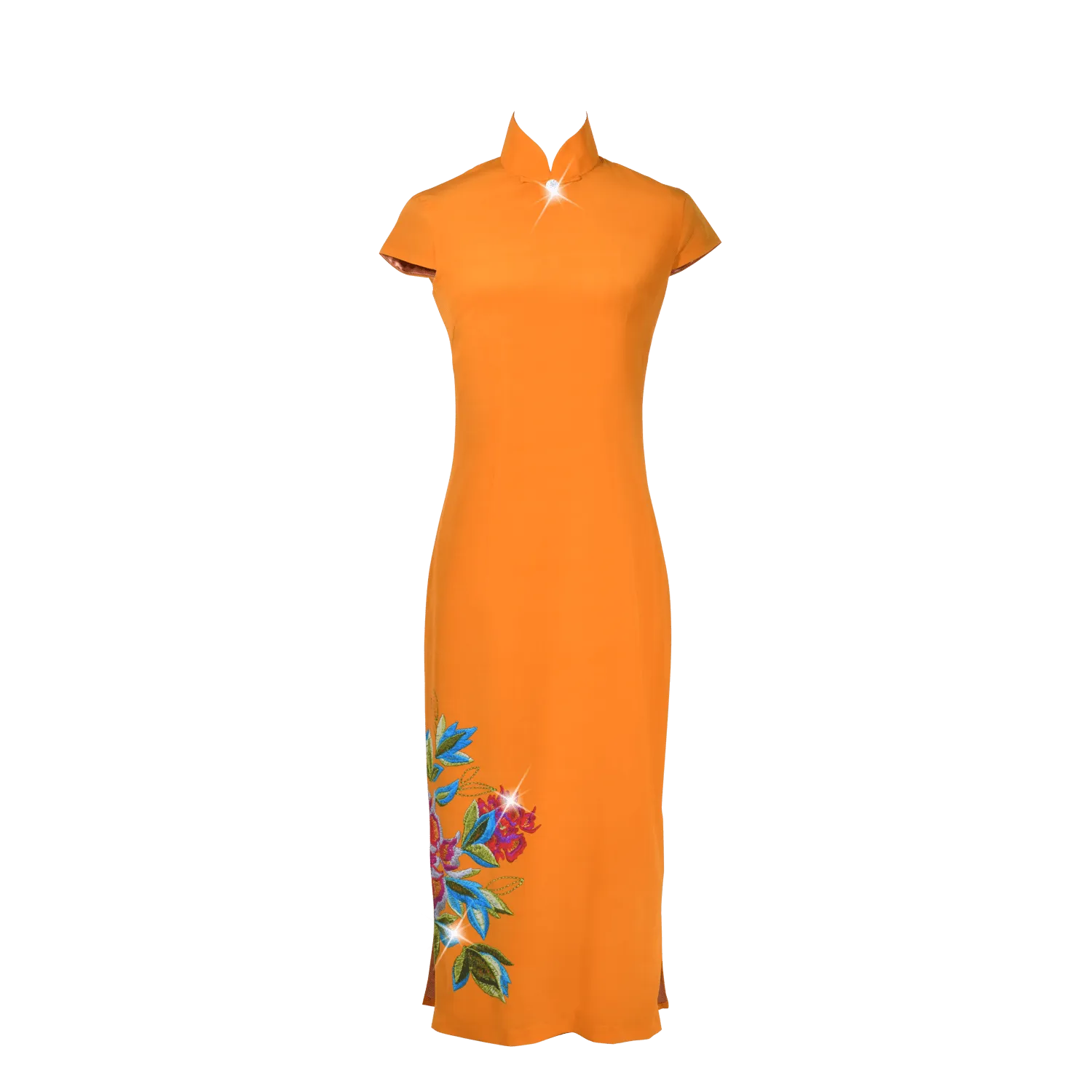 【PEONY】 100% Silk Crystal Cheongsam with Single Crystal Blossom(Cap Sleeve)(Crystal Button)