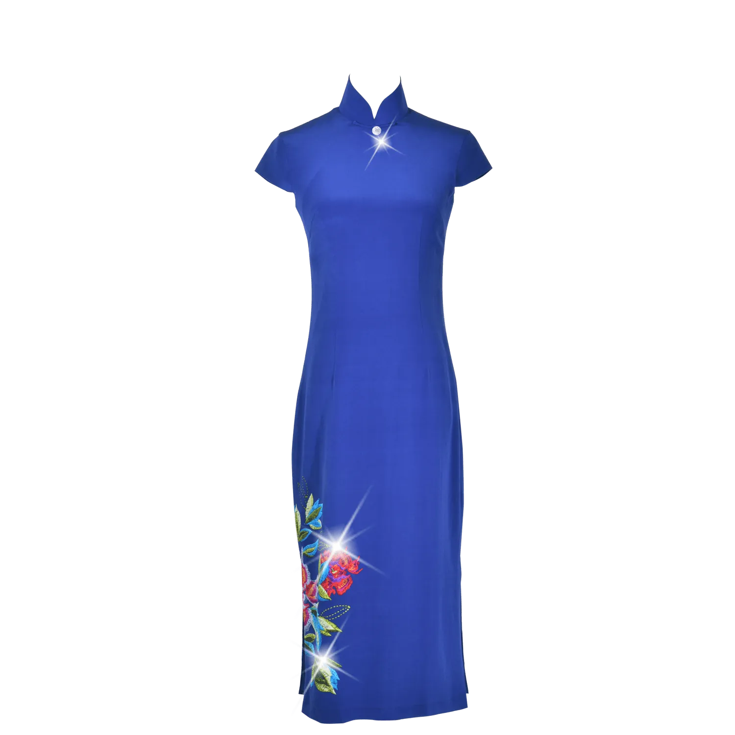 【PEONY】 100% Silk Crystal Cheongsam with Single Crystal Blossom(Cap Sleeve)(Crystal Button)