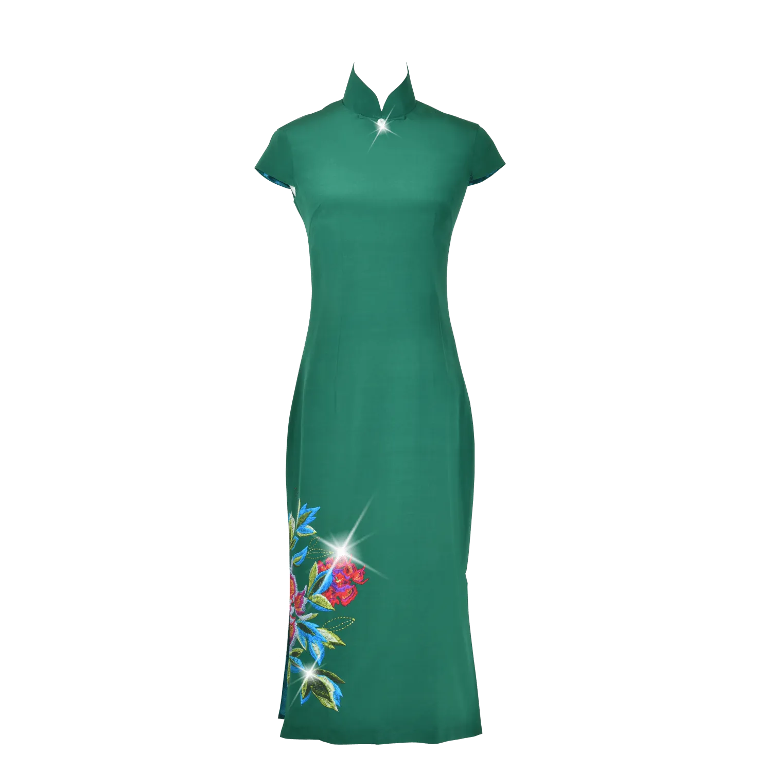 【PEONY】 100% Silk Crystal Cheongsam with Single Crystal Blossom(Cap Sleeve)(Crystal Button)