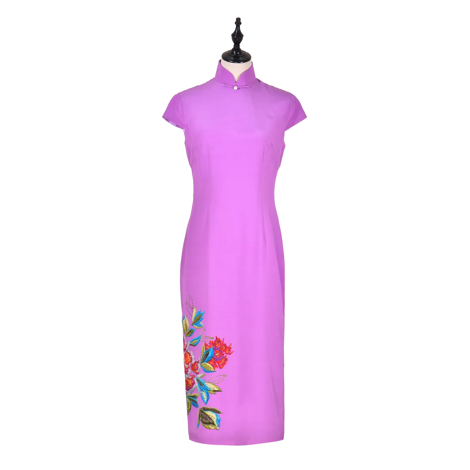 【PEONY】 100% Silk Crystal Cheongsam with Single Crystal Blossom(Cap Sleeve)(Crystal Button)