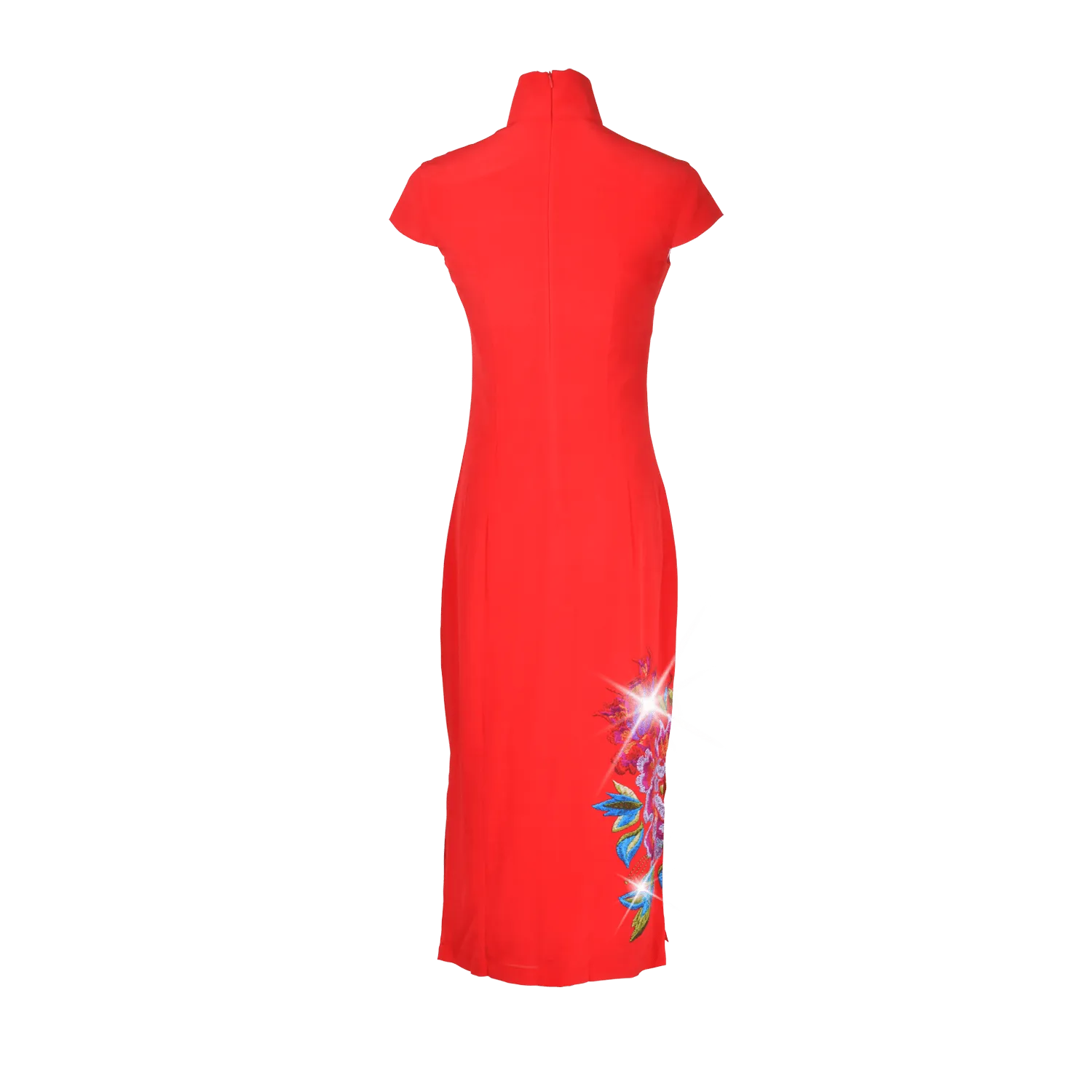【PEONY】 100% Silk Crystal Cheongsam with Single Crystal Blossom(Cap Sleeve)(Crystal Button)