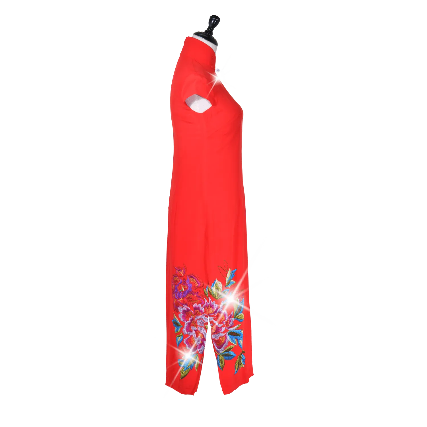 【PEONY】 100% Silk Crystal Cheongsam with Single Crystal Blossom(Cap Sleeve)(Crystal Button)
