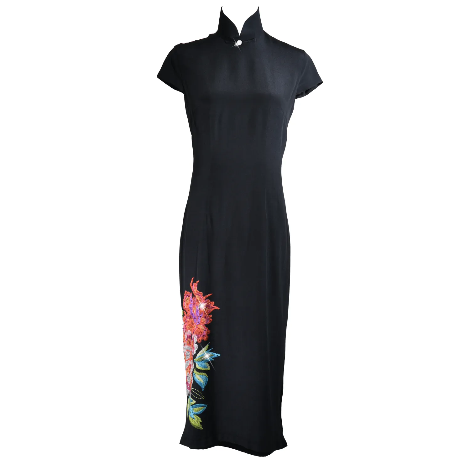 【PEONY】 100% Silk Crystal Cheongsam with Single Crystal Blossom(Cap Sleeve)(Crystal Button)