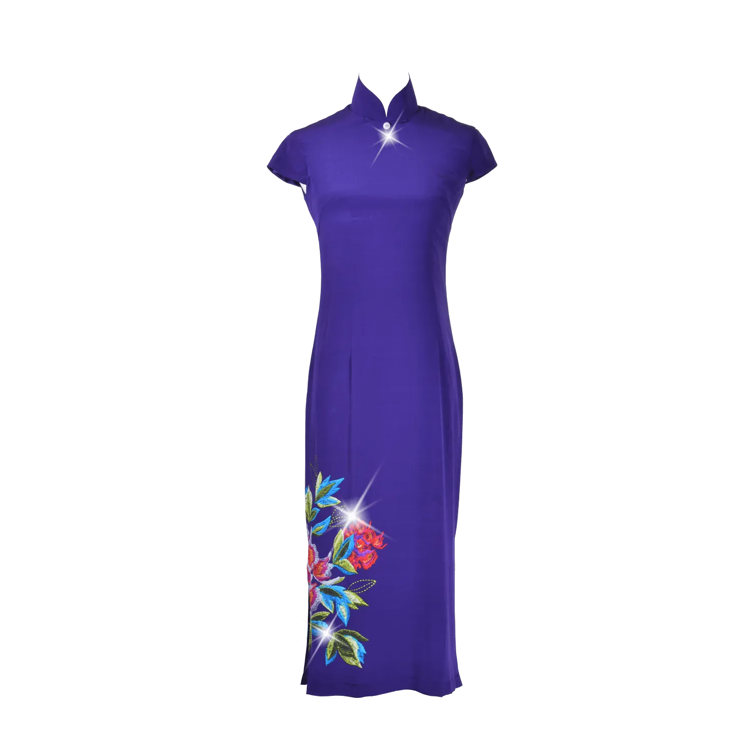 【PEONY】 100% Silk Crystal Cheongsam with Single Crystal Blossom(Cap Sleeve)(Crystal Button)