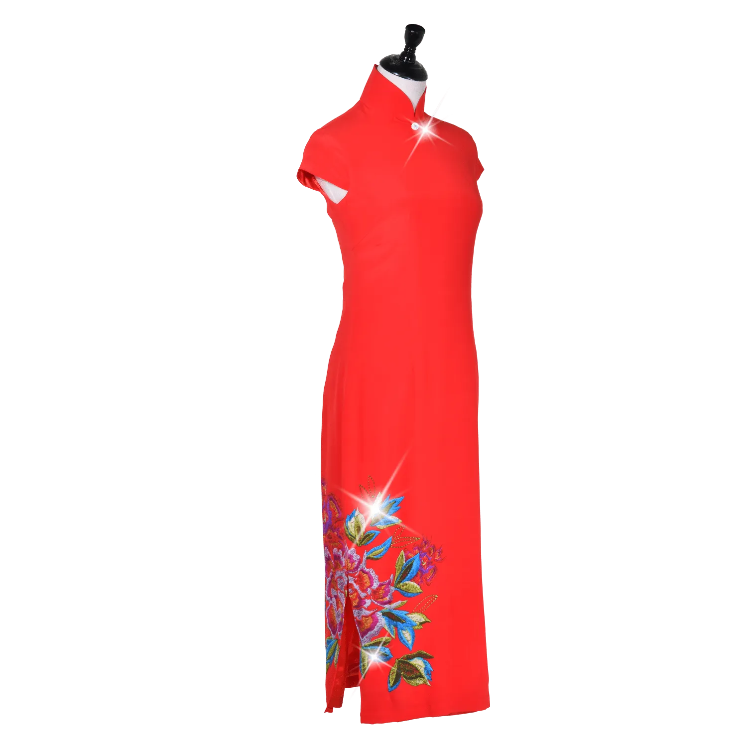 【PEONY】 100% Silk Crystal Cheongsam with Single Crystal Blossom(Cap Sleeve)(Crystal Button)