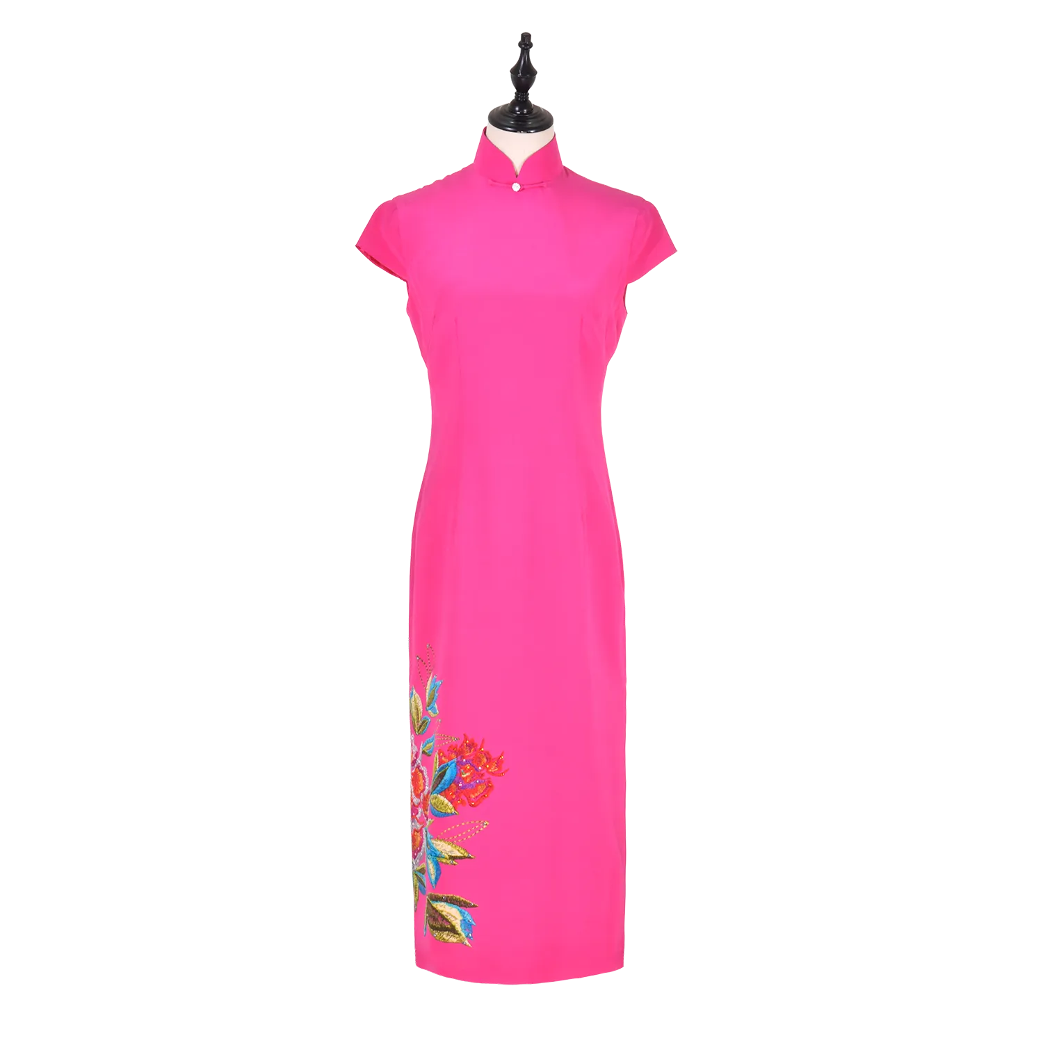 【PEONY】 100% Silk Crystal Cheongsam with Single Crystal Blossom(Cap Sleeve)(Crystal Button)