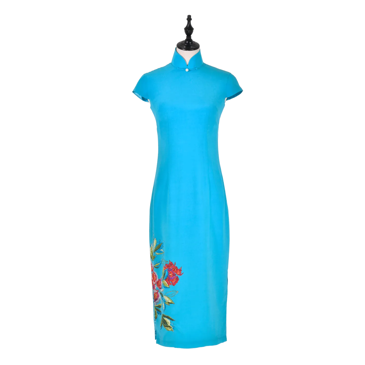 【PEONY】 100% Silk Crystal Cheongsam with Single Crystal Blossom(Cap Sleeve)(Crystal Button)