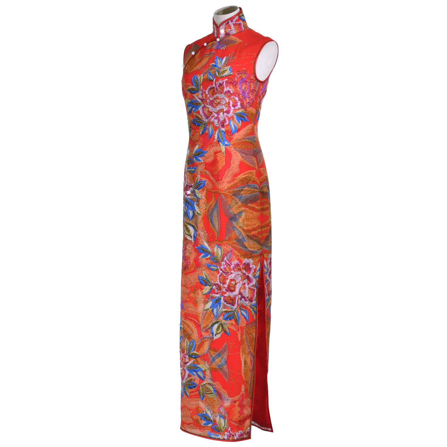 【PEONY】 100% Silk Short Sleeves Qipao with Swarovski® Crystals - Ankle Length - Red
