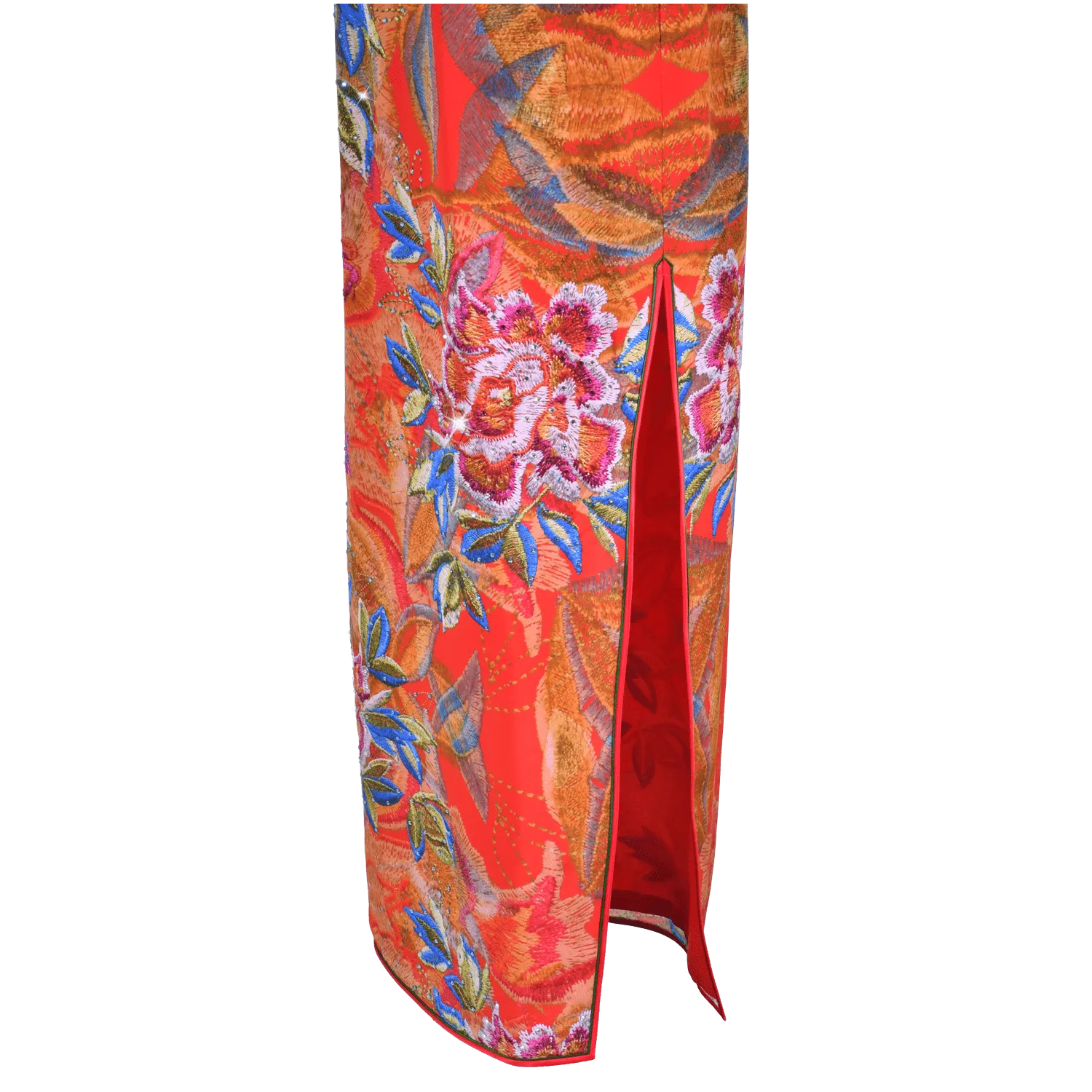 【PEONY】 100% Silk Short Sleeves Qipao with Swarovski® Crystals - Ankle Length - Red