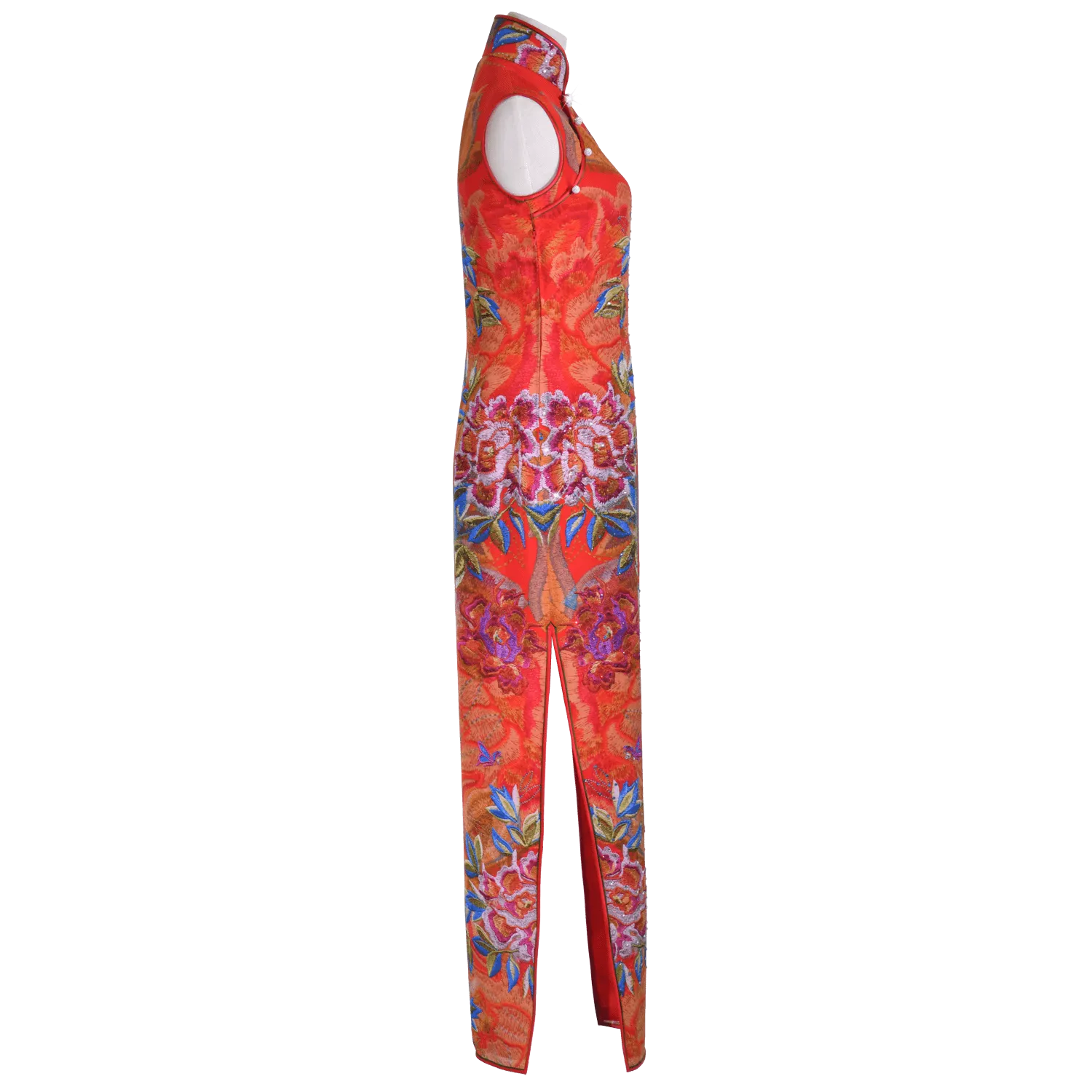 【PEONY】 100% Silk Short Sleeves Qipao with Swarovski® Crystals - Ankle Length - Red