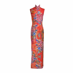【PEONY】 100% Silk Short Sleeves Qipao with Swarovski® Crystals - Ankle Length - Red