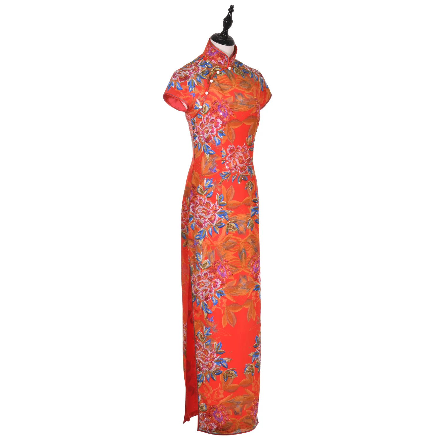 【PEONY】 Haute Couture 100% Silk Crystal Cheongsam (Cap Sleeve)