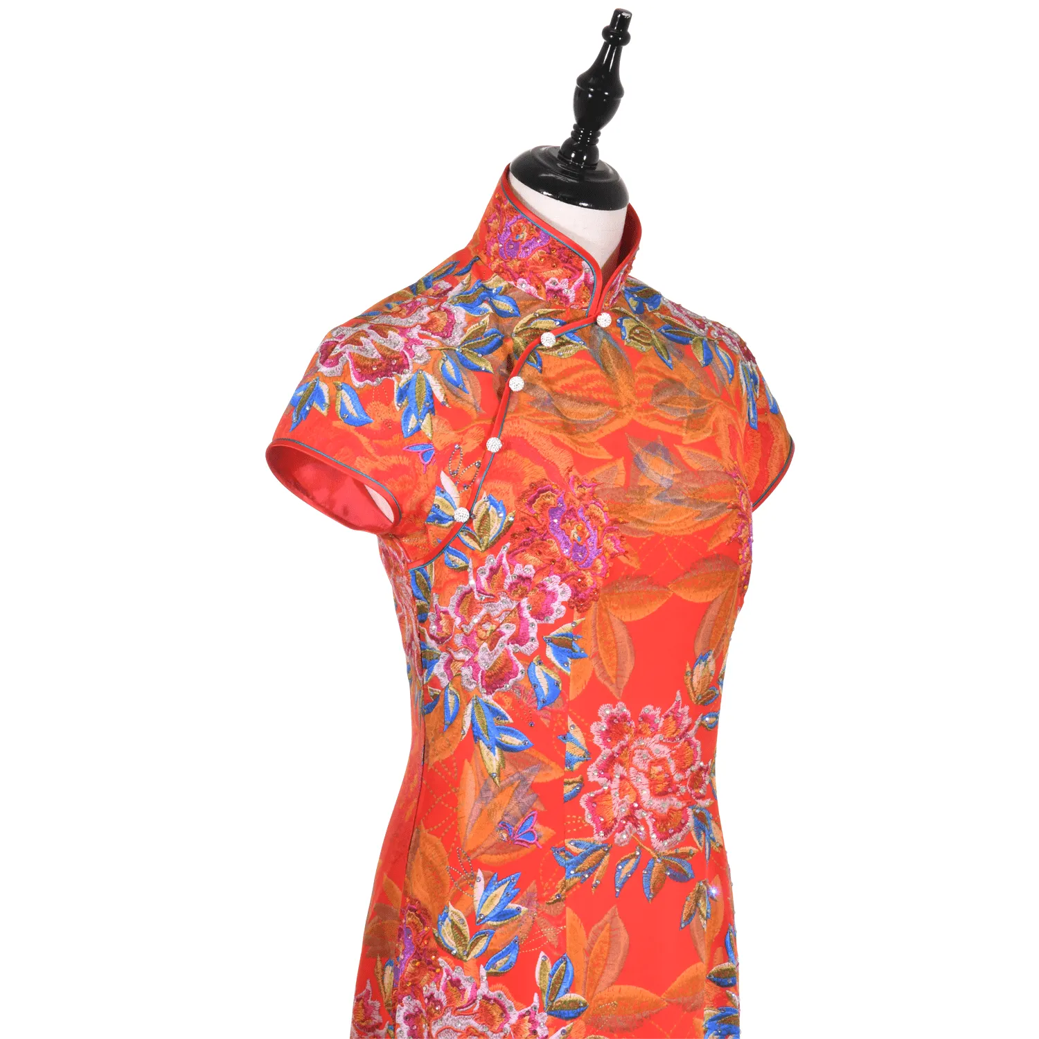 【PEONY】 Haute Couture 100% Silk Crystal Cheongsam (Cap Sleeve)
