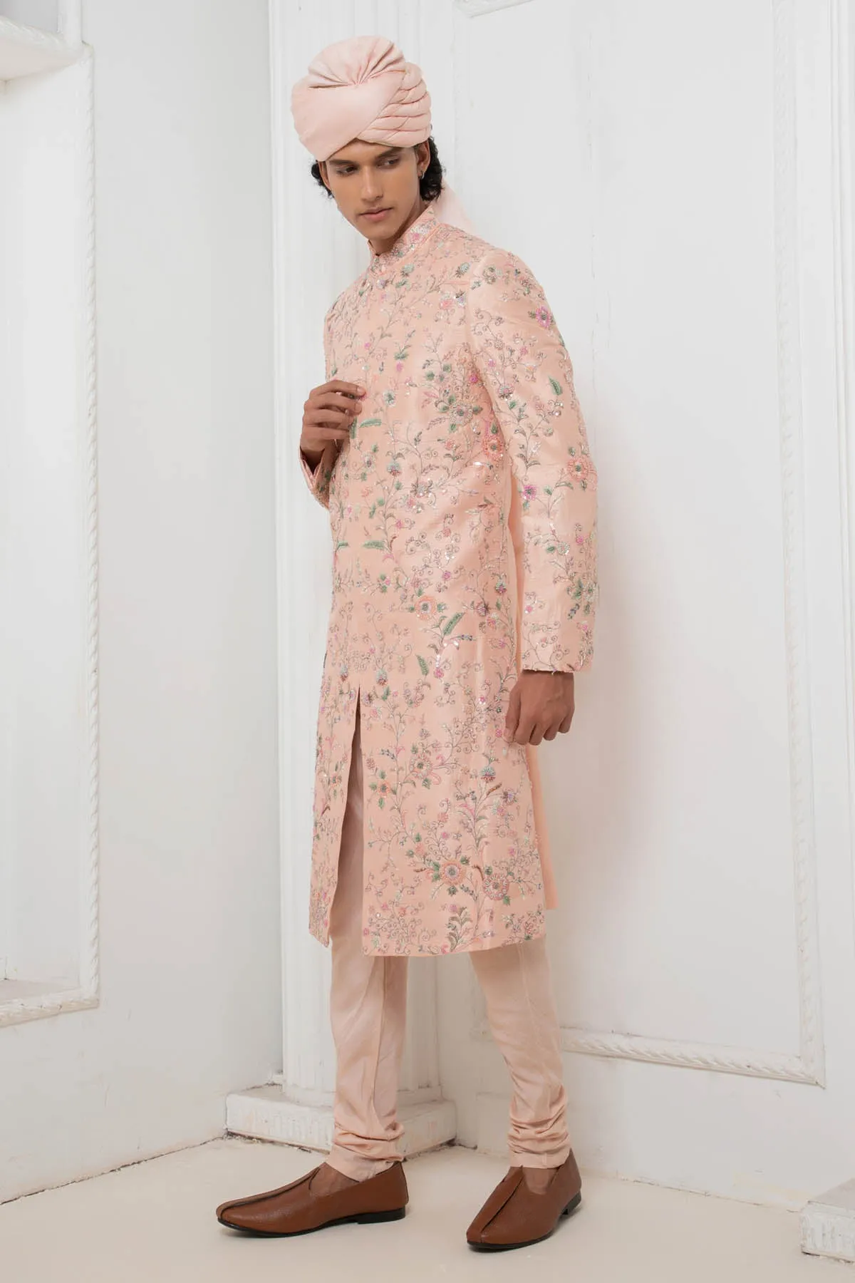 Pink Embroidered Sherwani Set