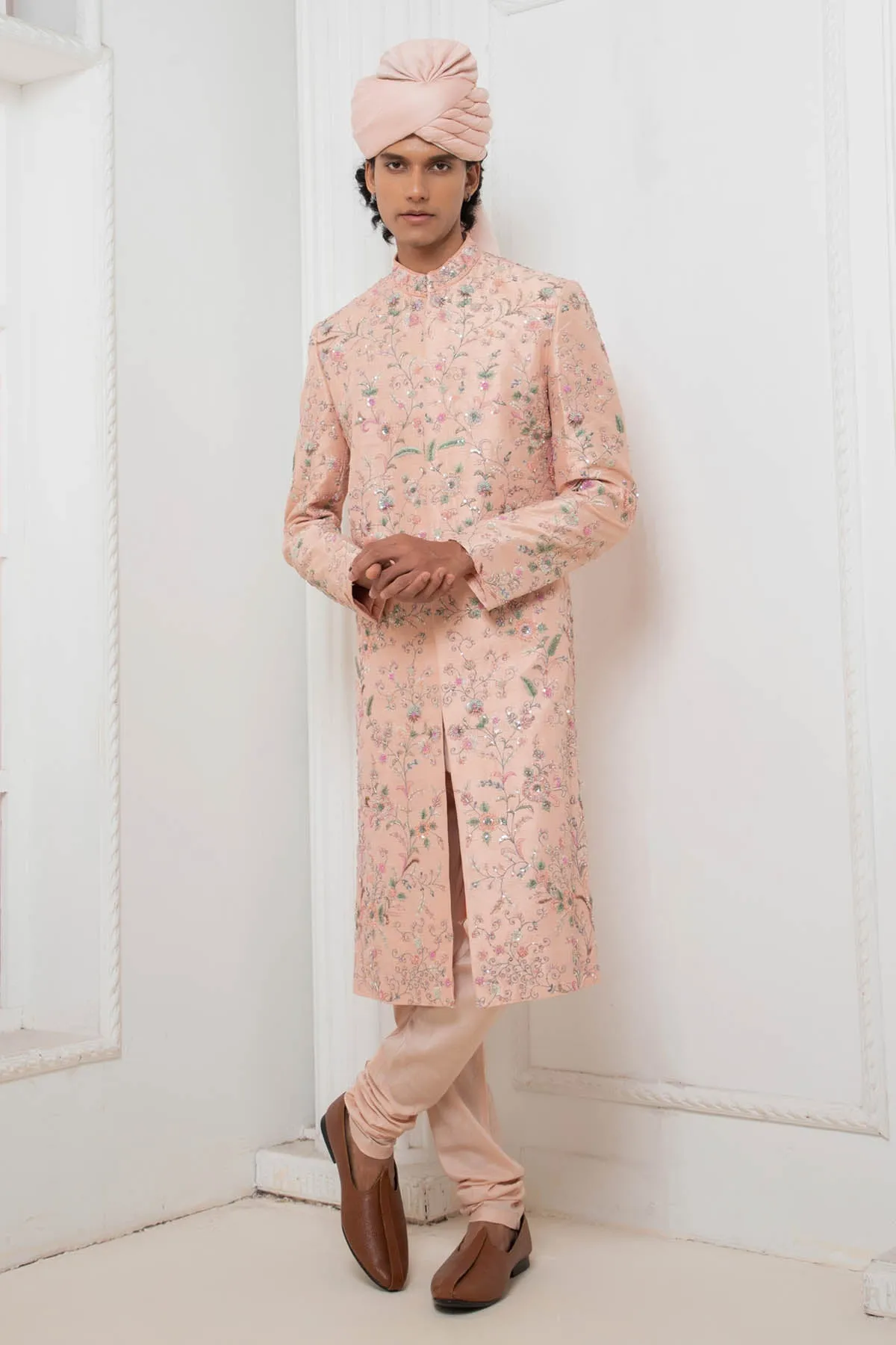 Pink Embroidered Sherwani Set