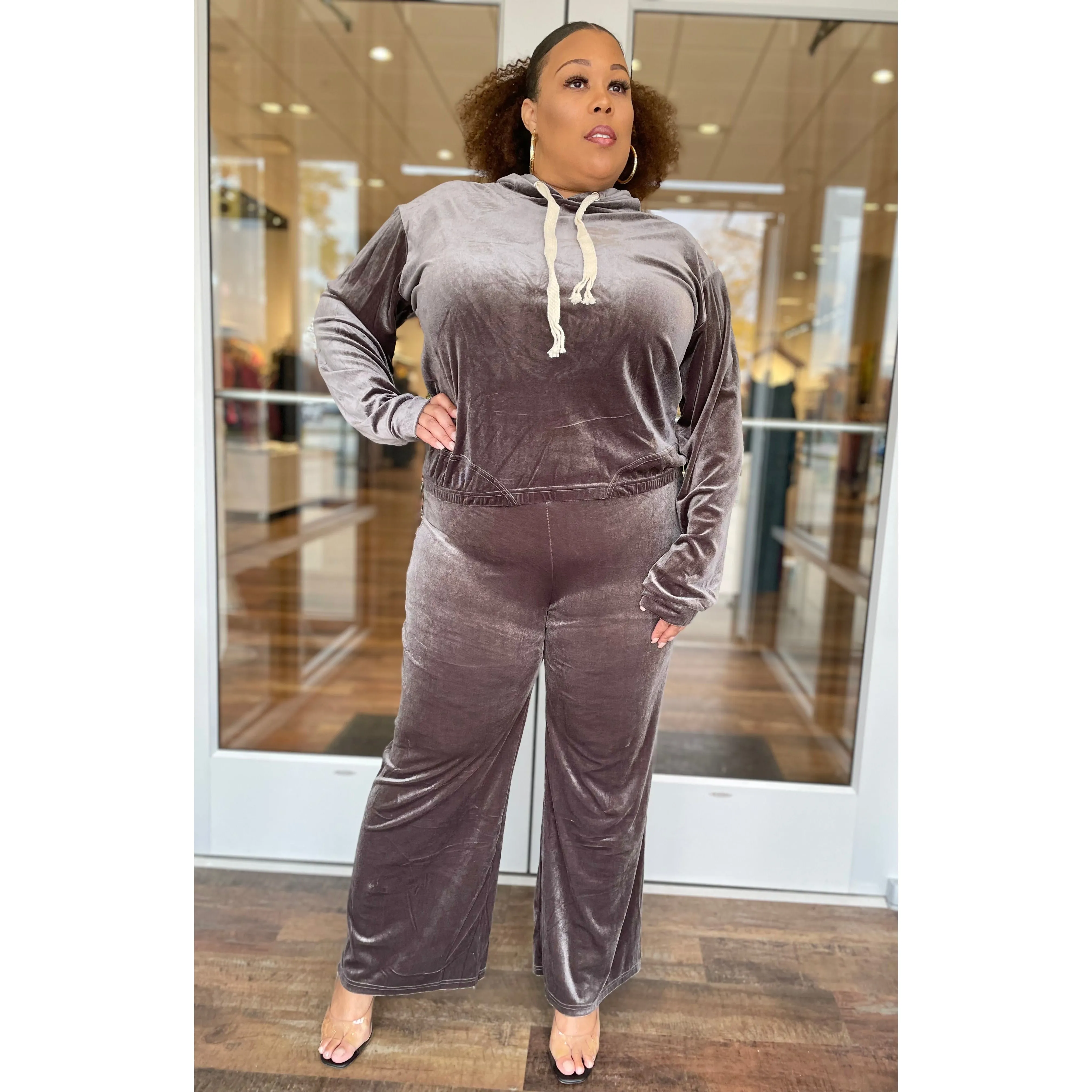 Plus Charcoal Gray Velour Pants Set
