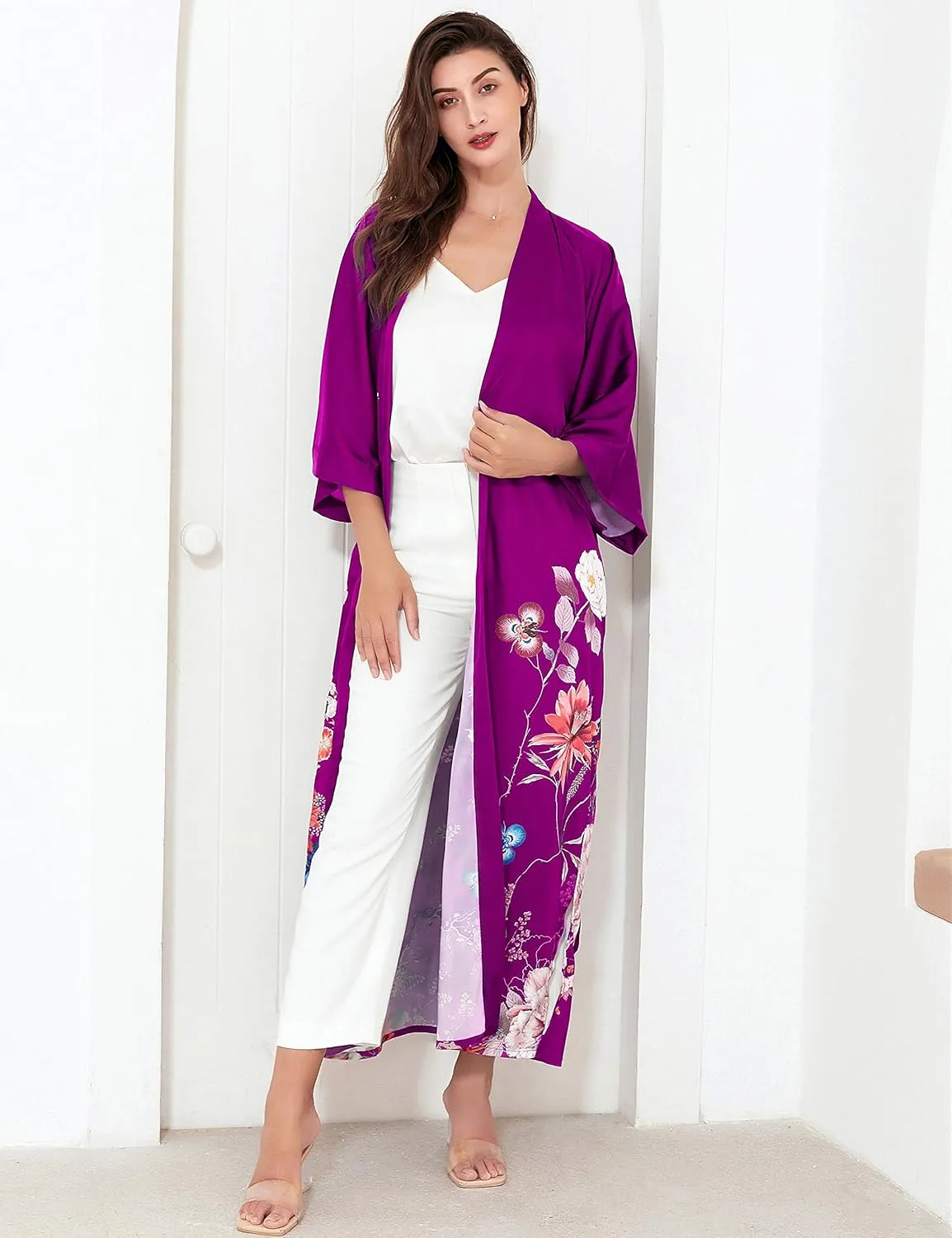 PRODESIGN Kimono Robe for Women - Long Satin Sleepwear Silky Kimono Cover-Up Nightgown Japanese Bathrobe Loungewear Blouse
