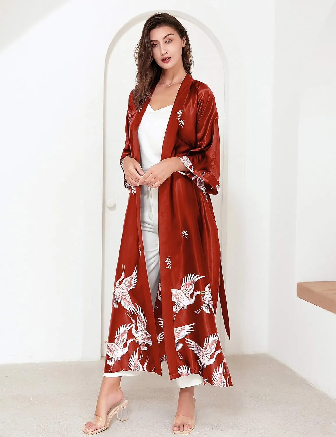 PRODESIGN Long Kimono Robe Satin Sleepwear Blouse Bathrobe Nightgown Silky Crane Kimono Cardigan Robe