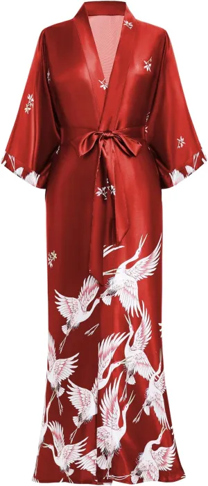 PRODESIGN Long Kimono Robe Satin Sleepwear Blouse Bathrobe Nightgown Silky Crane Kimono Cardigan Robe