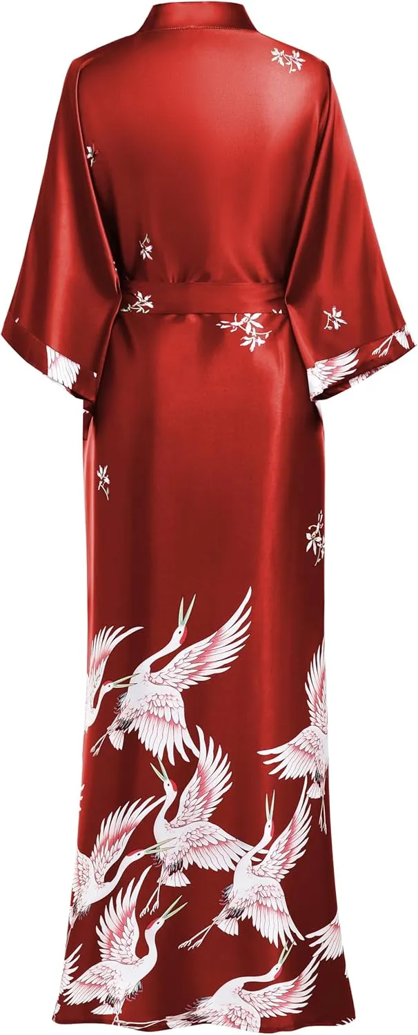 PRODESIGN Long Kimono Robe Satin Sleepwear Blouse Bathrobe Nightgown Silky Crane Kimono Cardigan Robe