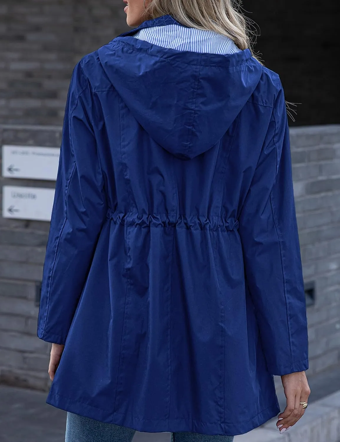Rain Jacket Women Striped Lined Hooded Lightweight Raincoat Outdoor Waterproof Windbreaker