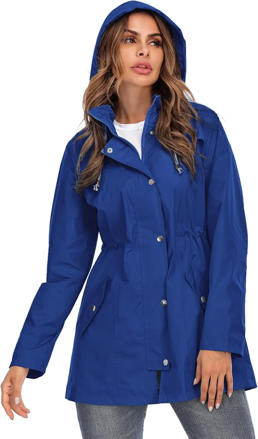 Rain Jacket Women Striped Lined Hooded Lightweight Raincoat Outdoor Waterproof Windbreaker