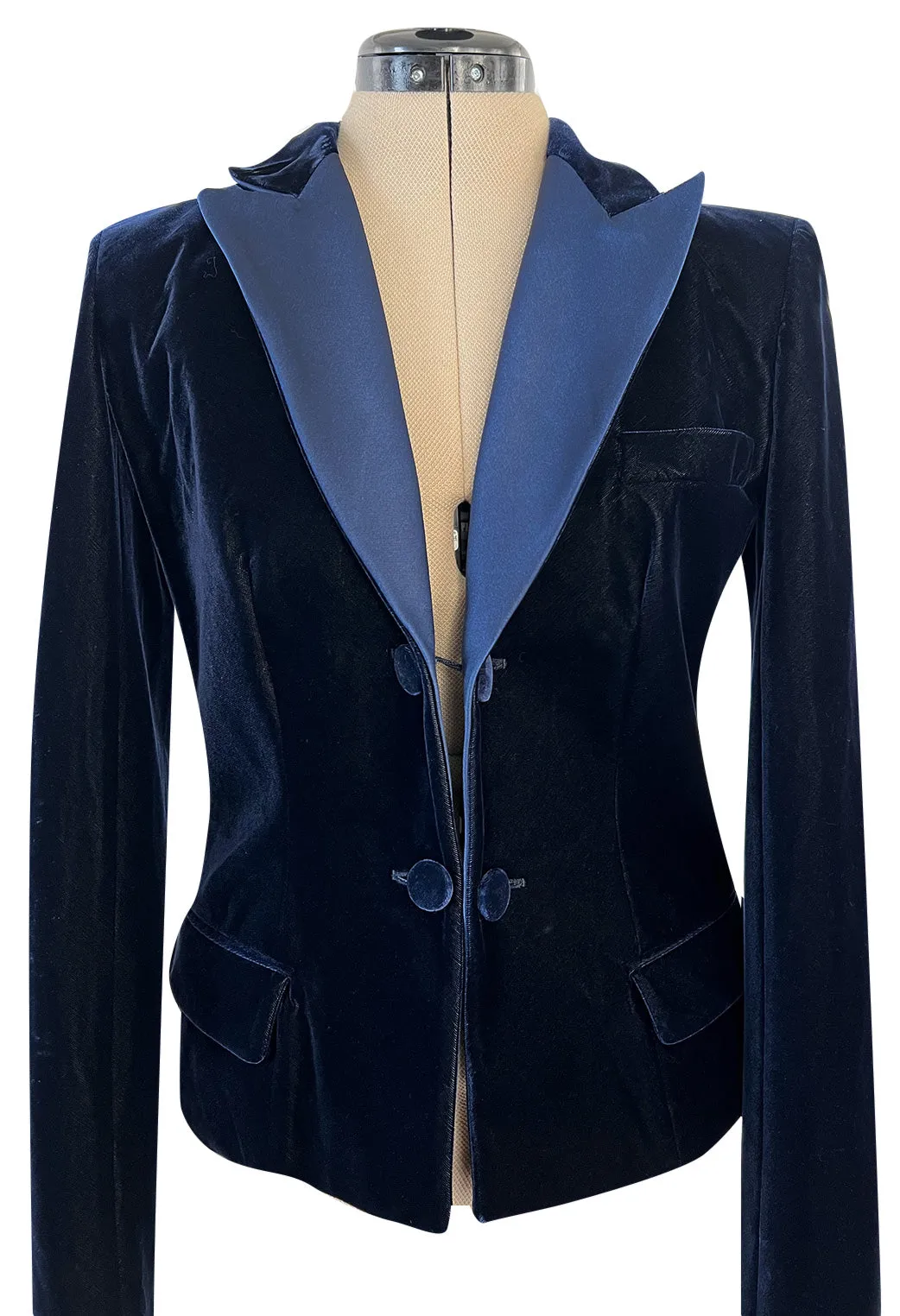 Runway Fall 2002 Yves Saint Laurent Blue Velvet Jacket w Long Sleeves & Tuxedo Collar