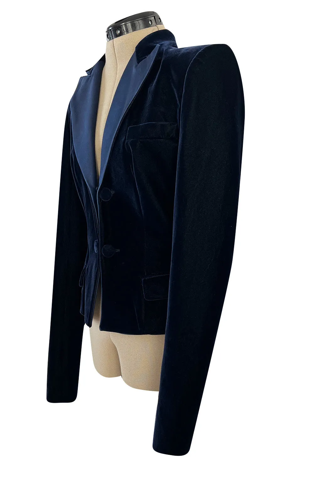 Runway Fall 2002 Yves Saint Laurent Blue Velvet Jacket w Long Sleeves & Tuxedo Collar