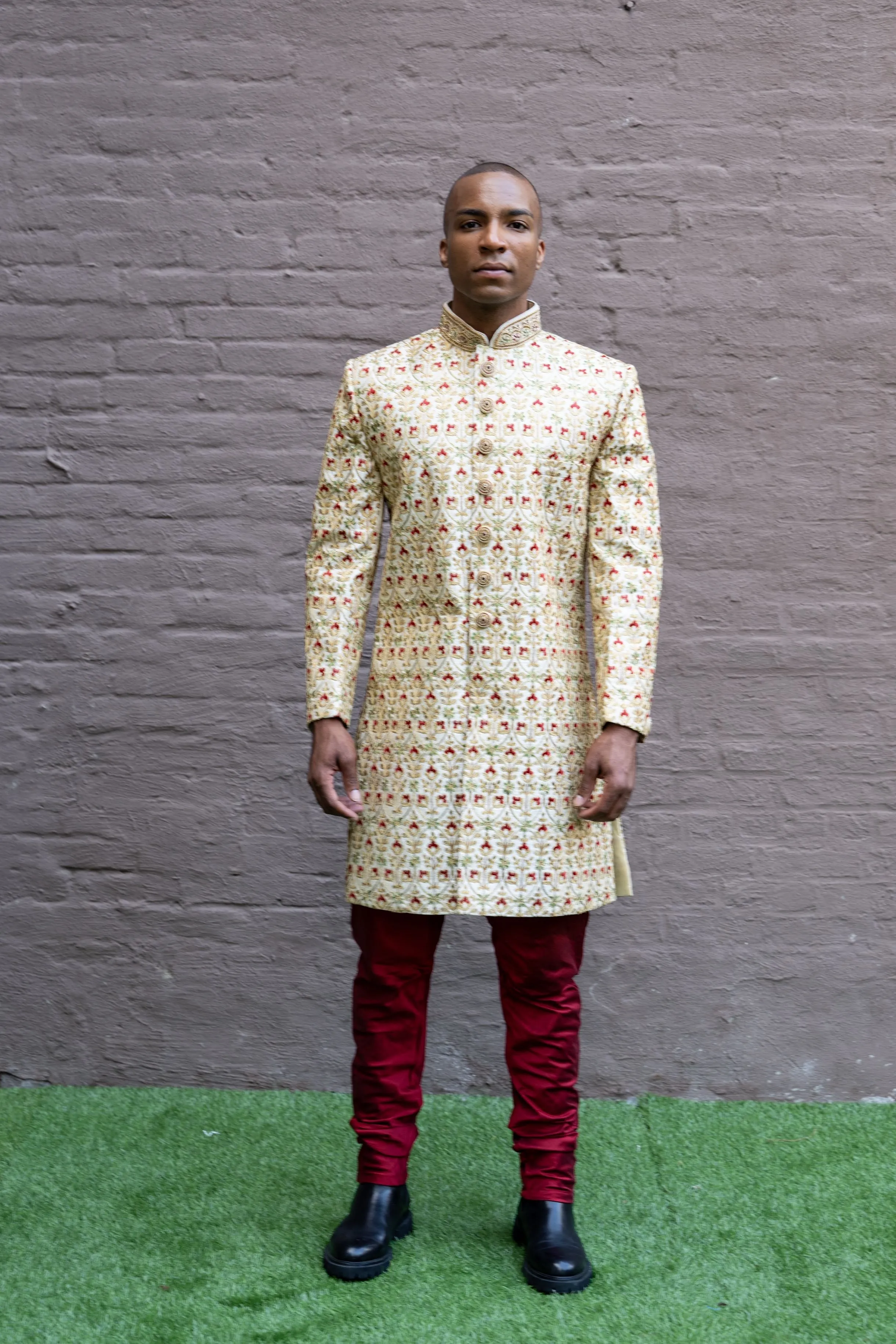 Silk Heavy Embroidered Corn Silk White Sherwani