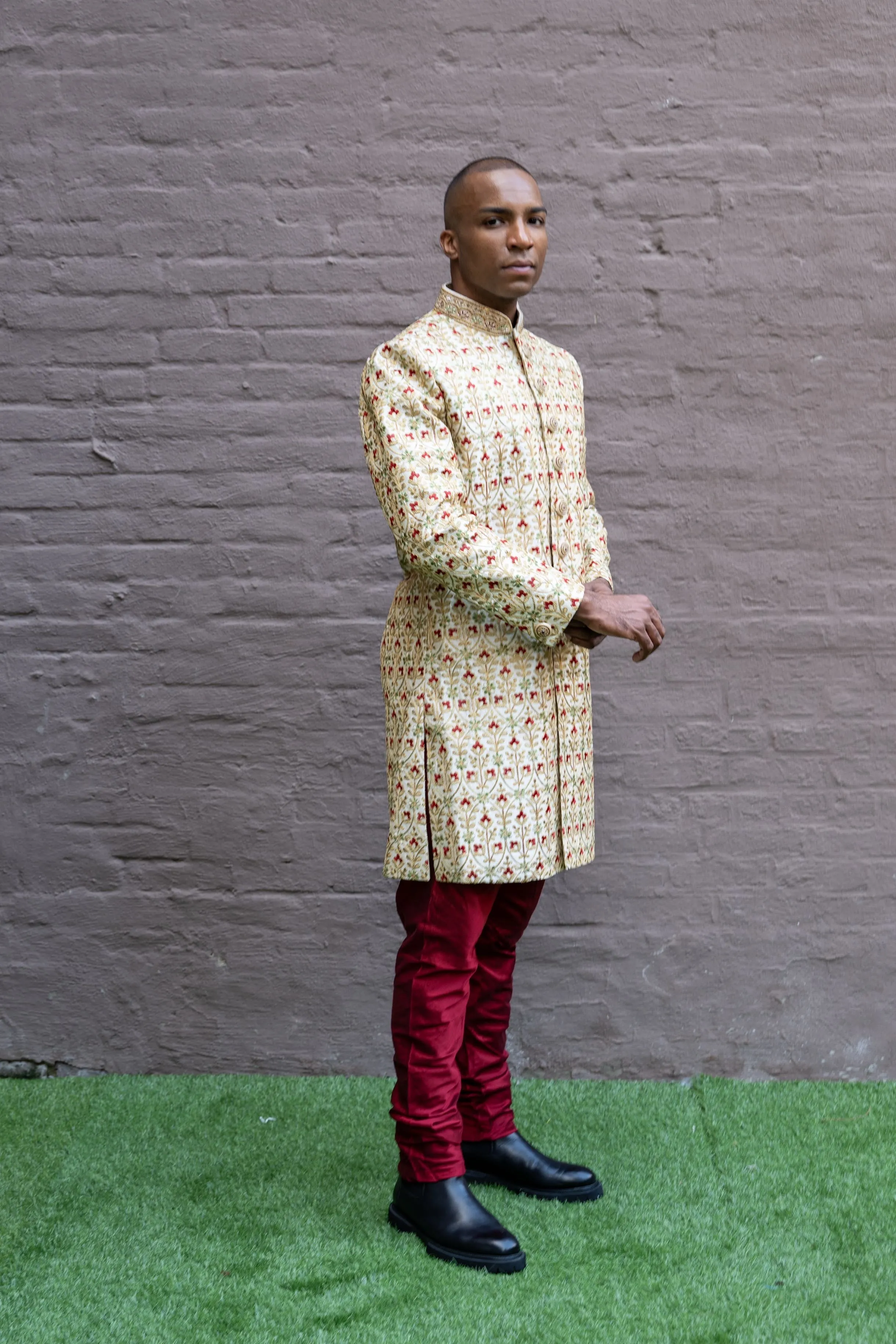 Silk Heavy Embroidered Corn Silk White Sherwani
