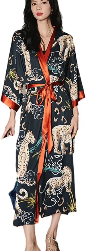 Silk Satin Robe for Women Long Japanese Kimono Robe Lightweight Soft Bathrobe Summer Luxury Dressing Gown