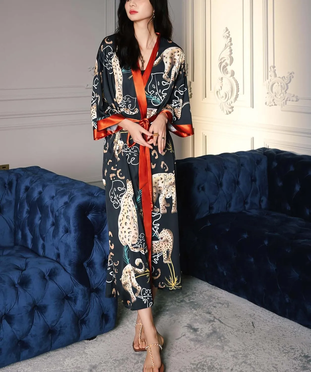 Silk Satin Robe for Women Long Japanese Kimono Robe Lightweight Soft Bathrobe Summer Luxury Dressing Gown