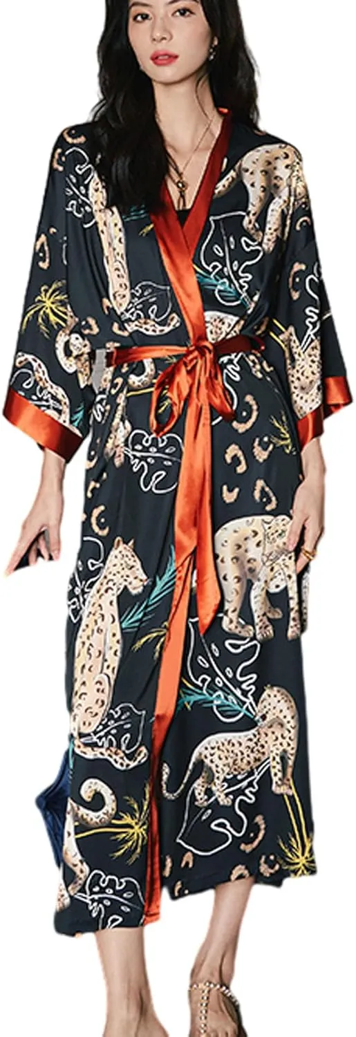 Silk Satin Robe for Women Long Japanese Kimono Robe Lightweight Soft Bathrobe Summer Luxury Dressing Gown