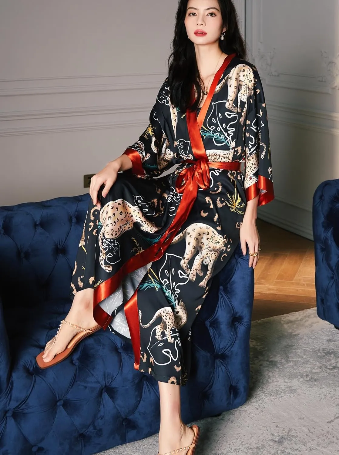 Silk Satin Robe for Women Long Japanese Kimono Robe Lightweight Soft Bathrobe Summer Luxury Dressing Gown