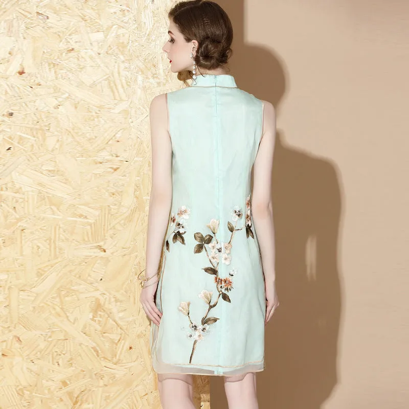 Sleeveless Real Silk 2-layers A-line Cheongsam Floral Chinese Dress