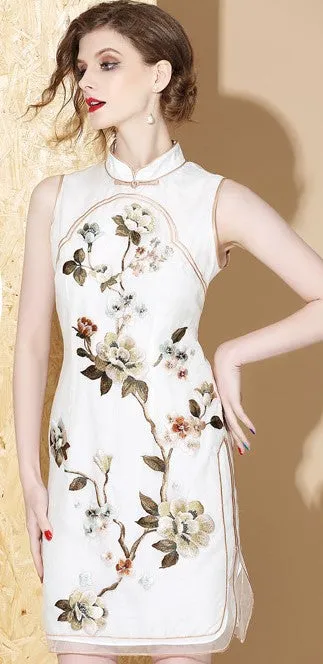 Sleeveless Real Silk 2-layers A-line Cheongsam Floral Chinese Dress