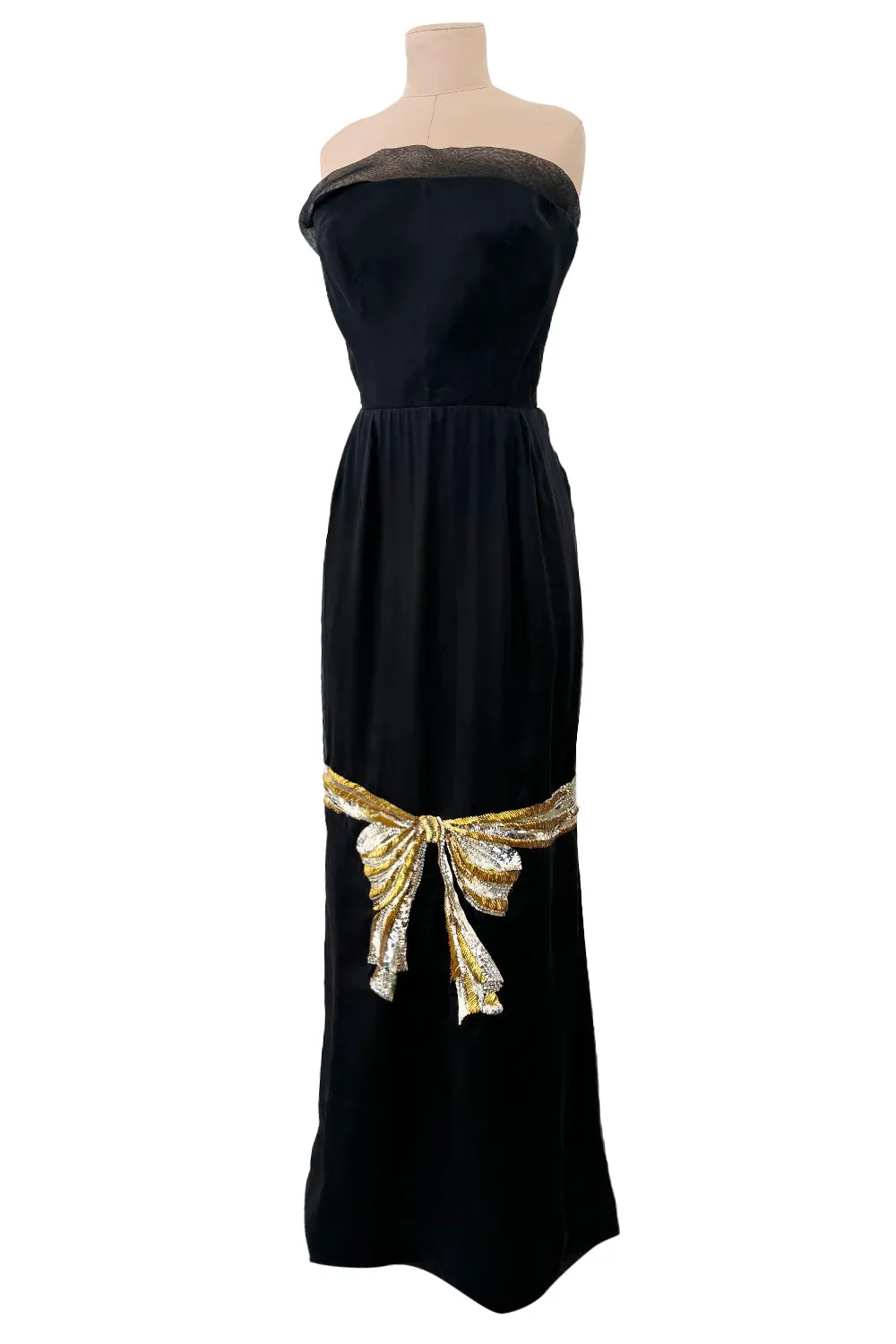 Spring 1979 Givenchy Haute Couture Runway Black Silk Chiffon Strapless Dress w Gold Sequin Bow Dress