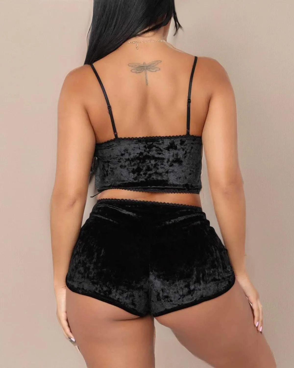 Springcmy Women's Velvet 2PCS Outfits Spaghetti Strap Crop Top and Shorts Pajama Sets Pjs Lounge Wear