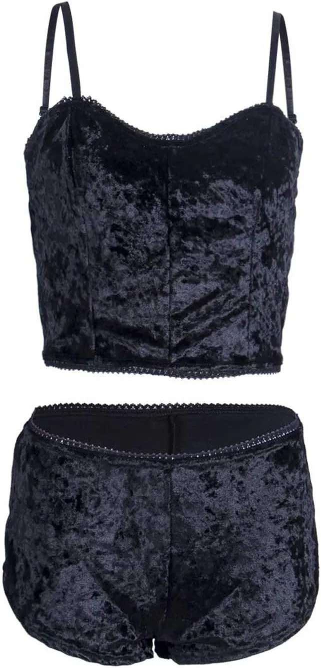 Springcmy Women's Velvet 2PCS Outfits Spaghetti Strap Crop Top and Shorts Pajama Sets Pjs Lounge Wear