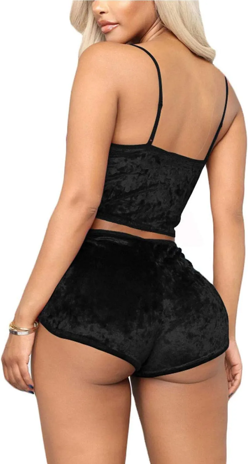 Springcmy Women's Velvet 2PCS Outfits Spaghetti Strap Crop Top and Shorts Pajama Sets Pjs Lounge Wear