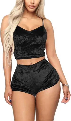 Springcmy Women's Velvet 2PCS Outfits Spaghetti Strap Crop Top and Shorts Pajama Sets Pjs Lounge Wear