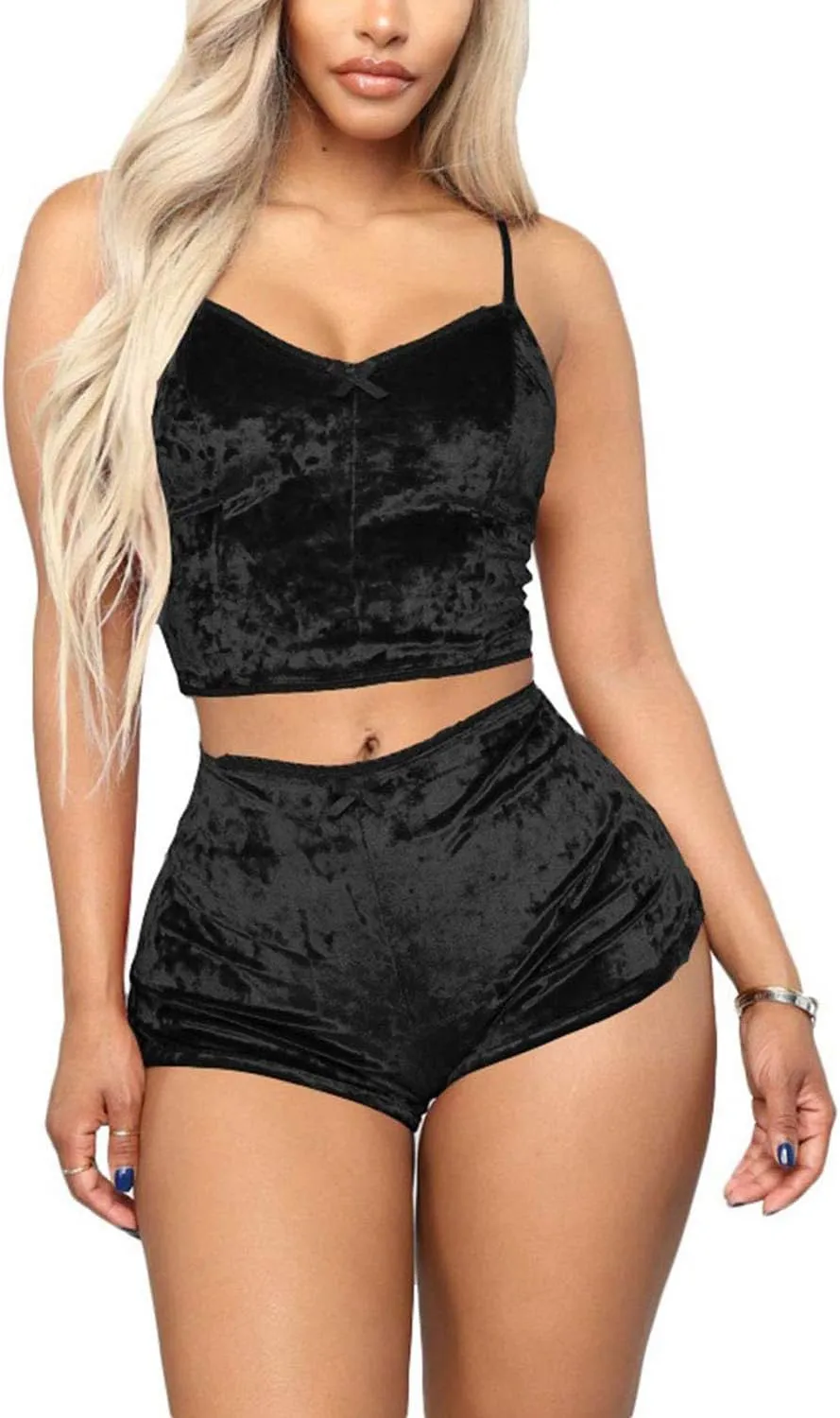 Springcmy Women's Velvet 2PCS Outfits Spaghetti Strap Crop Top and Shorts Pajama Sets Pjs Lounge Wear