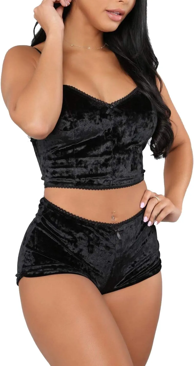 Springcmy Women's Velvet 2PCS Outfits Spaghetti Strap Crop Top and Shorts Pajama Sets Pjs Lounge Wear