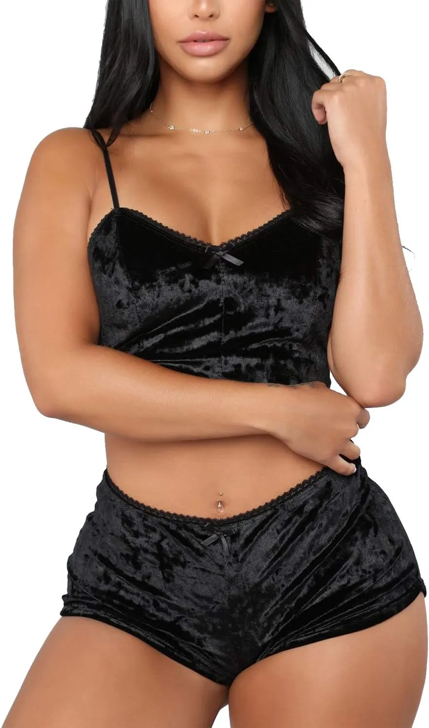Springcmy Women's Velvet 2PCS Outfits Spaghetti Strap Crop Top and Shorts Pajama Sets Pjs Lounge Wear