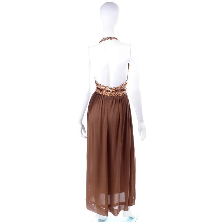S/S 1996 Givenchy Vintage Brown Silk Halter Dress w Sequins & Beads