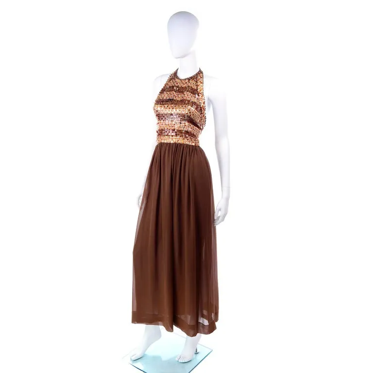 S/S 1996 Givenchy Vintage Brown Silk Halter Dress w Sequins & Beads